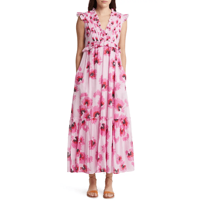 vestido maxi floral com flores rosa quente por toda parte