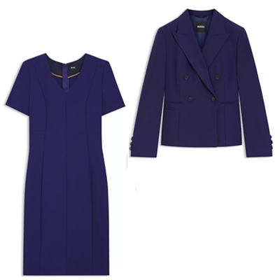 vestido roxo com blazer, inexplicavelmente rotulado "turquesa" por marca