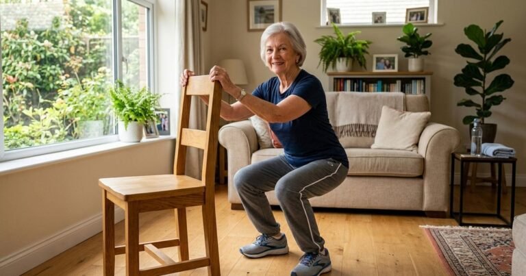 A partir dos 60 e 70 anos, o melhor exercício para fortalecer as pernas, incluindo os joelhos e o quadril, é o agachamento assistido.