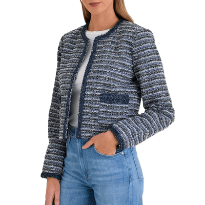 jaqueta de tweed azul e branca