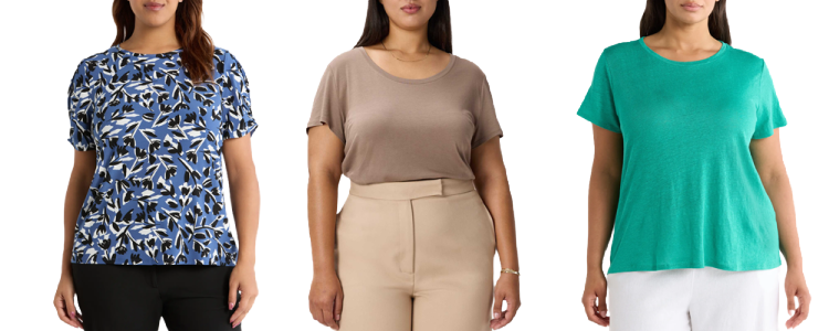 colagem de 3 das melhores camisetas plus size
