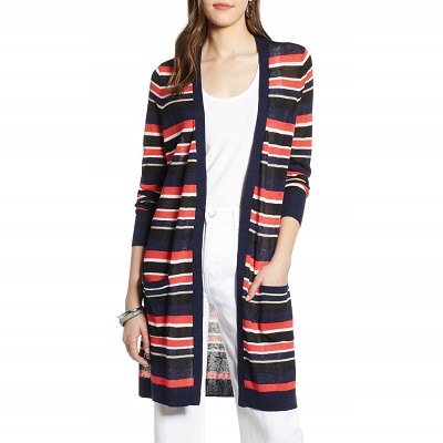 cardigan longo com detalhes listrados