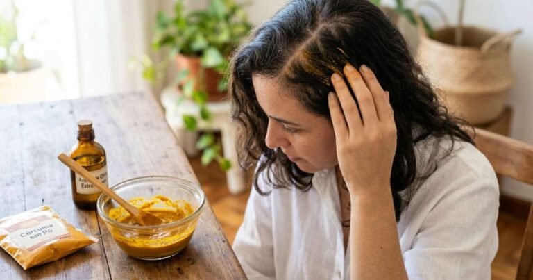 Qual a finalidade de aplicar cúrcuma e azeite em cabelos com queda excessiva e como fazê-lo corretamente?