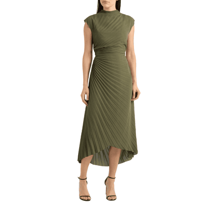 vestido oliva com detalhes plissados