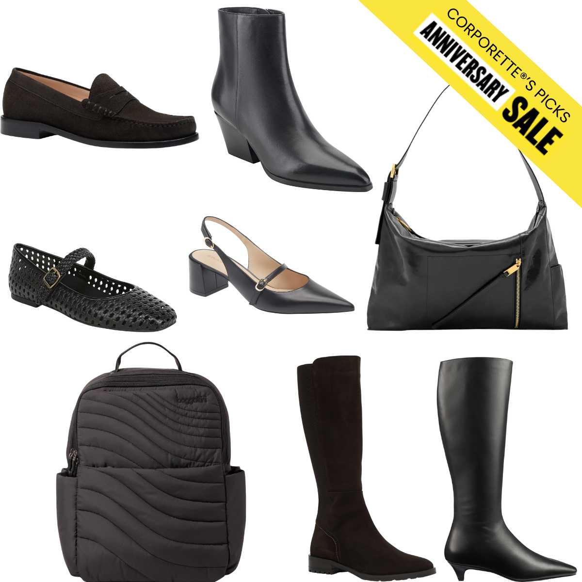 colagem de alguns dos melhores sapatos, bolsas e botas à venda; banner amarelo no canto superior direito diz PROMOÇÃO DE ANIVERSÁRIO DE ESCOLHAS DA CORPORETTE
