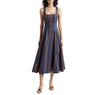 vestido listrado marinho e laranja