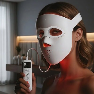 Uma mulher com longos cabelos castanhos usando uma máscara de LED branca e segurando um controle branco. Uma parede e parte de uma janela estão ao fundo.