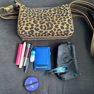 imagem do que há na bolsa de Kat em 1º de julho de 2026: bolsa preta, carteira azul, presilha de cabelo azul, espelho roxo com elástico enrolado, 2 brilhos labiais, corretivo e um estojo de comprimidos (muito antigo). A bolsa em si é leopardo da Rothy's.